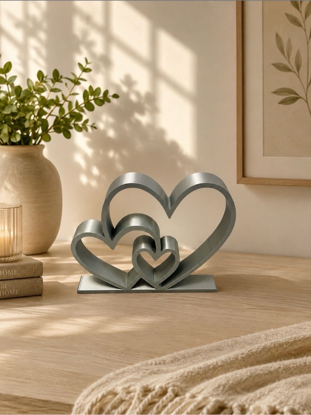 Decorative Silver Heart Trio Table Sculpture - Home Art